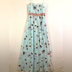 BCBGMaxAzria Blue Floral Strapless 100% Silk Maxi Dress Size 4
